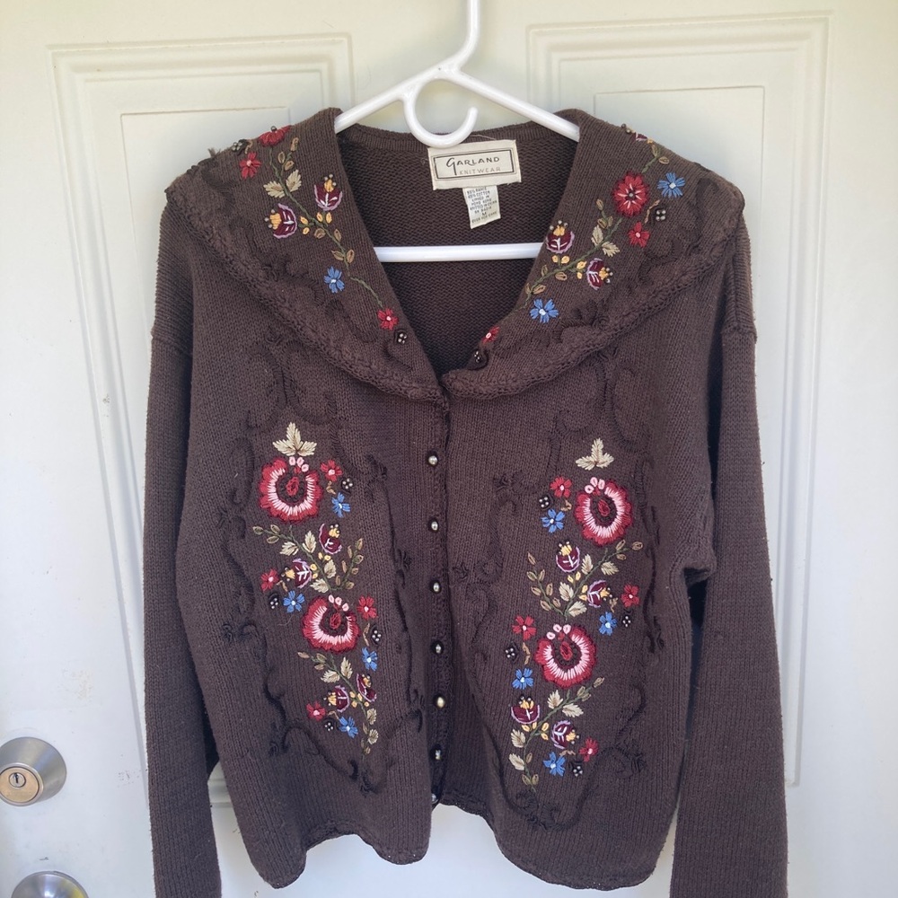 Natural Fiber Garland Brown Embroidered Button-Front Cardigan Sweater
